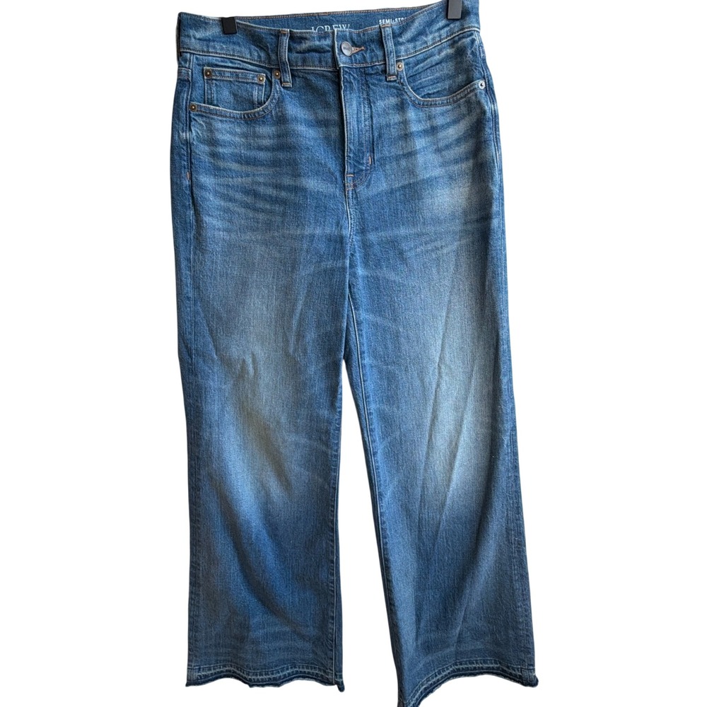 J.Crew Semi-Stretch Denim Trouser Womens 26 Blue High Rise Wide Leg Raw Hem